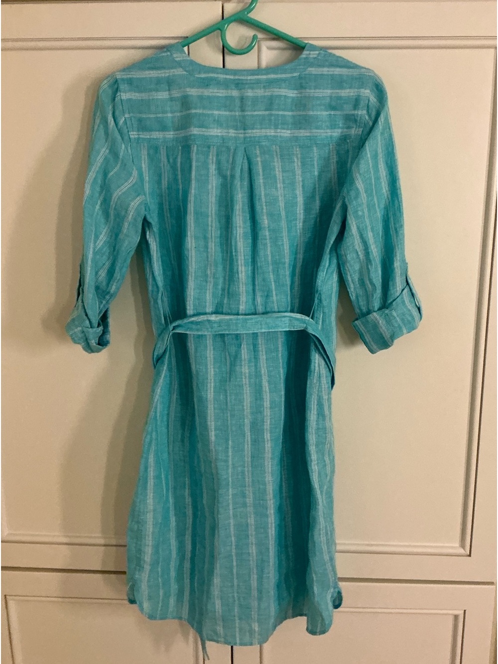 Talbots Linen Belted Turquoise and White Striped Dress - Picture 4 of 8